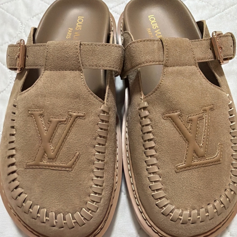 Louis Vuitton Tan Suede Logo Moccasin Flats with Buckle Strap